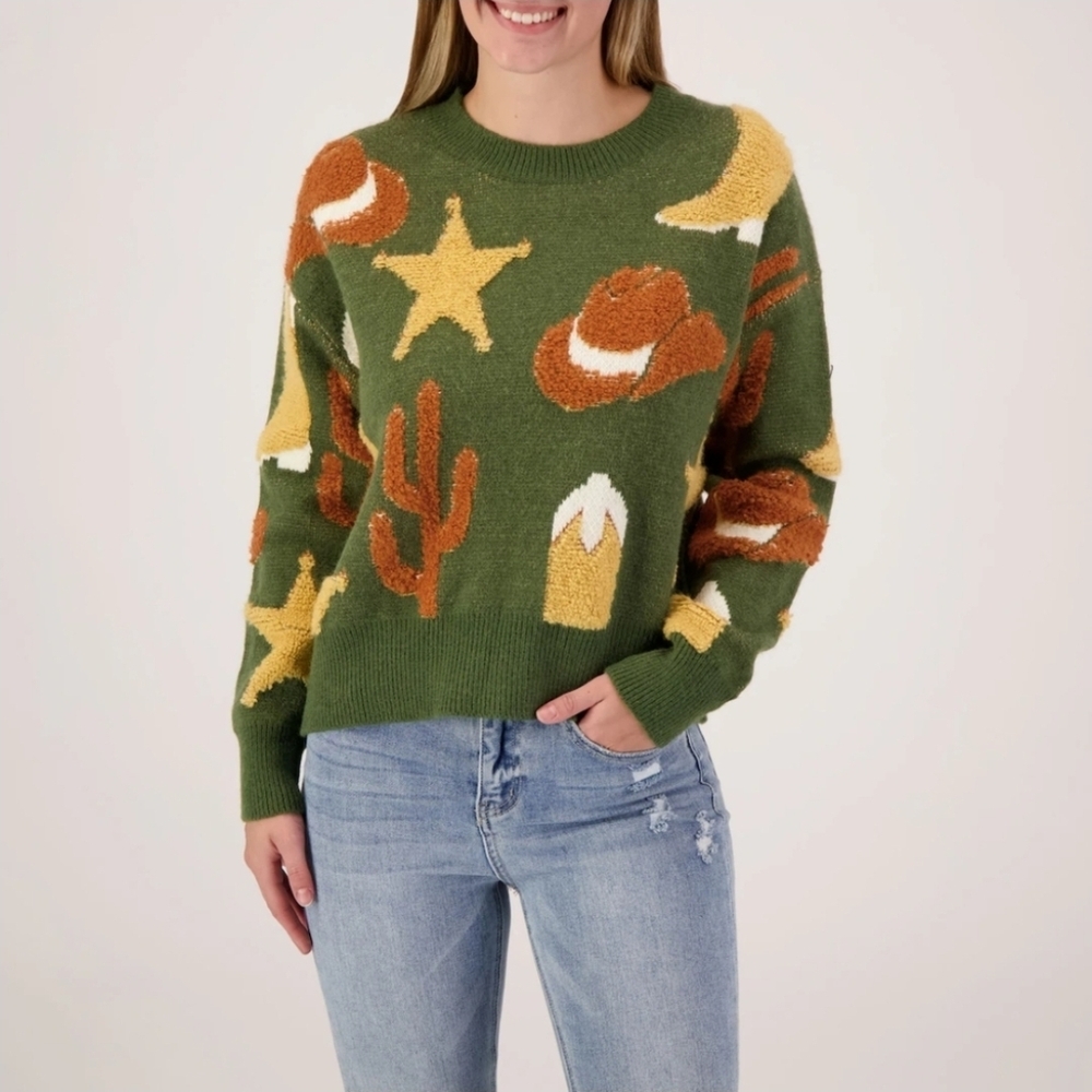 Dreamers By Debut Western-Inspired Green Sweater S NWT